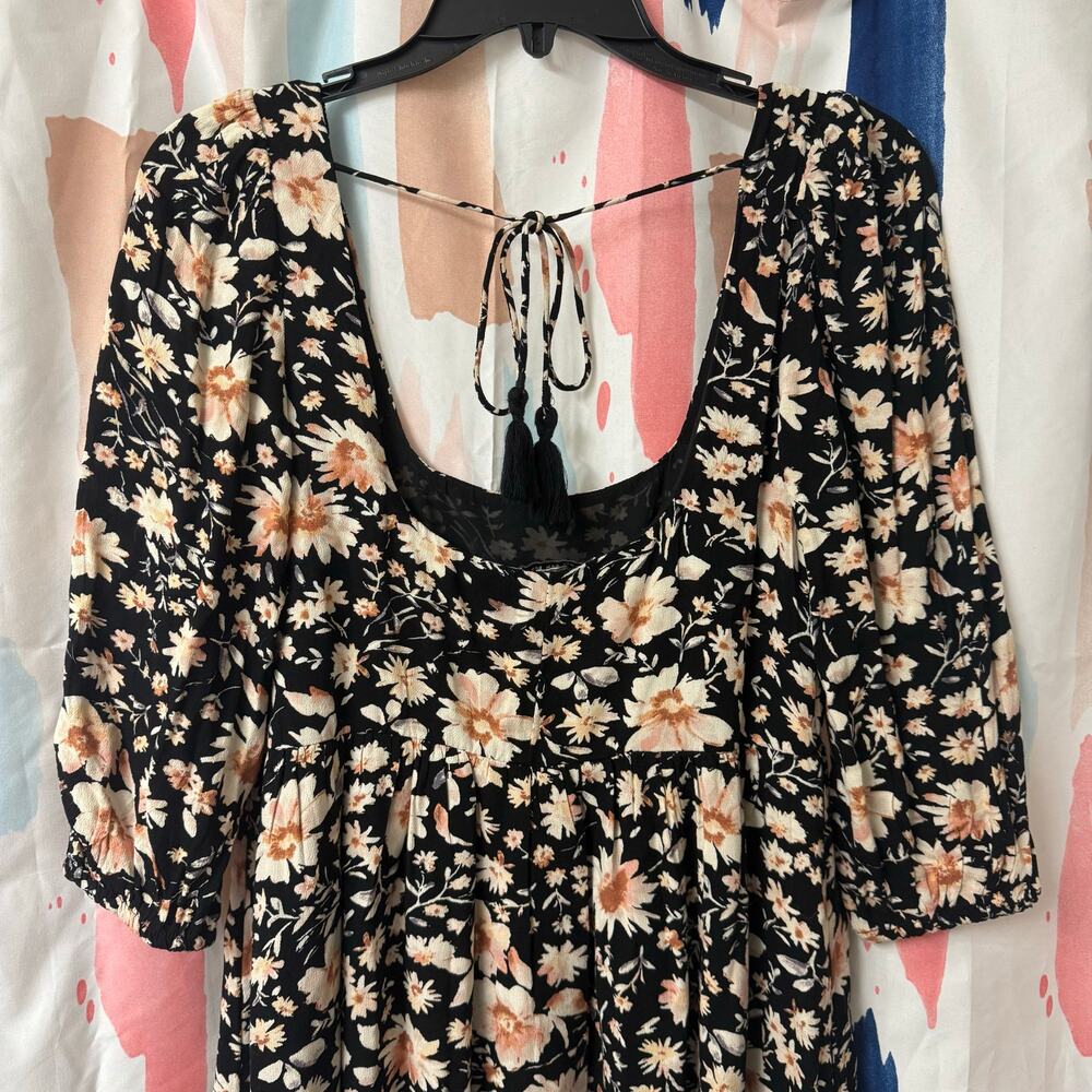 American Eagle Black Floral Babydoll Puff Sleeve Low Back Mini Dress Size XS - Picture 8 of 10